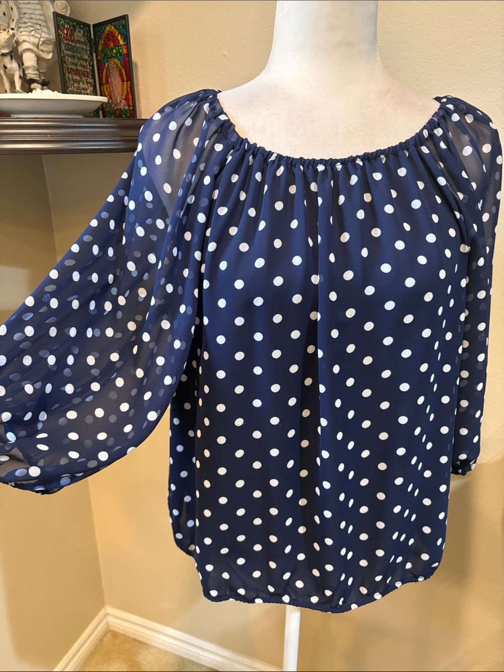 Vince Camuto Navy and White Polka Dot Peasant Blouse-Size M